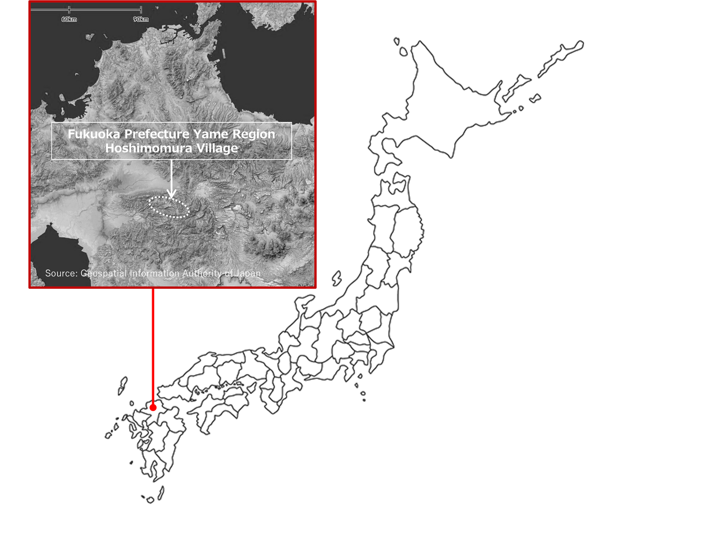 Map of Japan with an inset highlighting the location of Yame Hoshinomura village in Fukuoka Prefecture