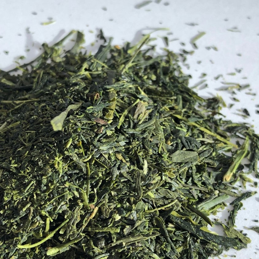 Close-up view of Organic Sencha Midori loose tea leaves
