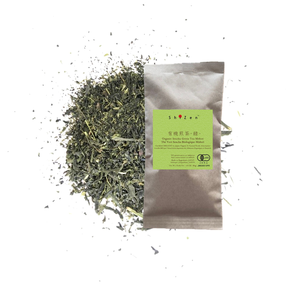 Organic Sencha Midori pouch displayed beside the loose tea leaves
